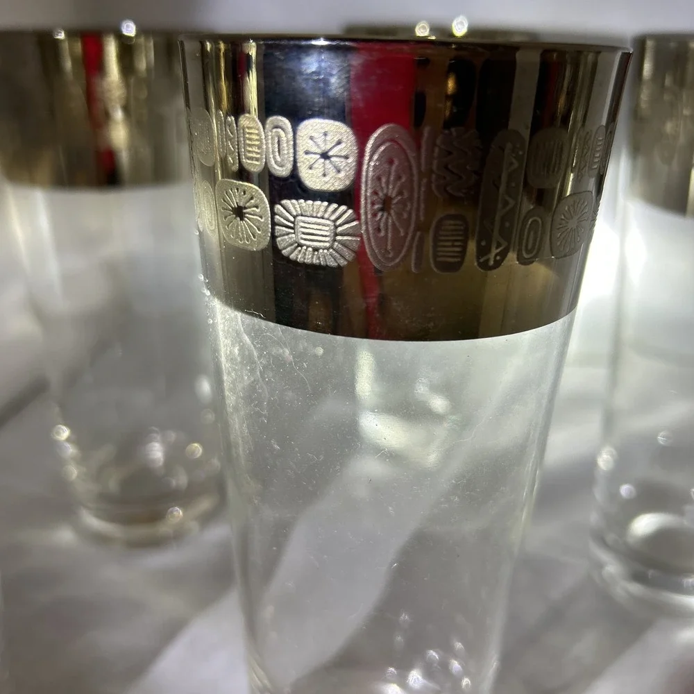 Set of 6 Rare 1950s Silver Rimmed Atomic Highball Glasses